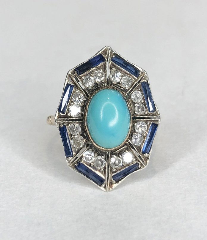 14k turquoise sapphire dia ring,c.1950, 2.6 dwts (1 of 5)