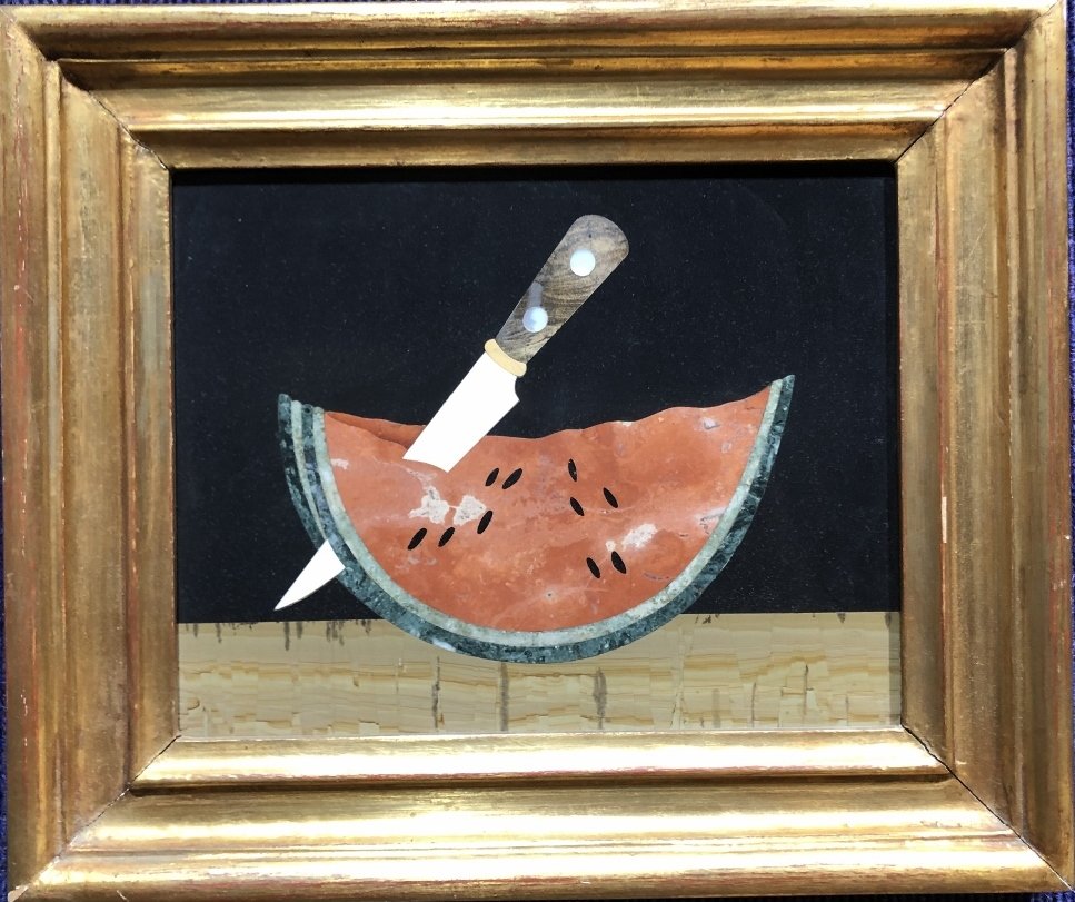 G.Ugolini workshop Pietra Dura watermelon picture: G.Ugolini workshop Pietra Dura watermelon picture. The dimensions are 9.5 inches by 7.5 inches, in a frame 11.5 inches by 13 inches.