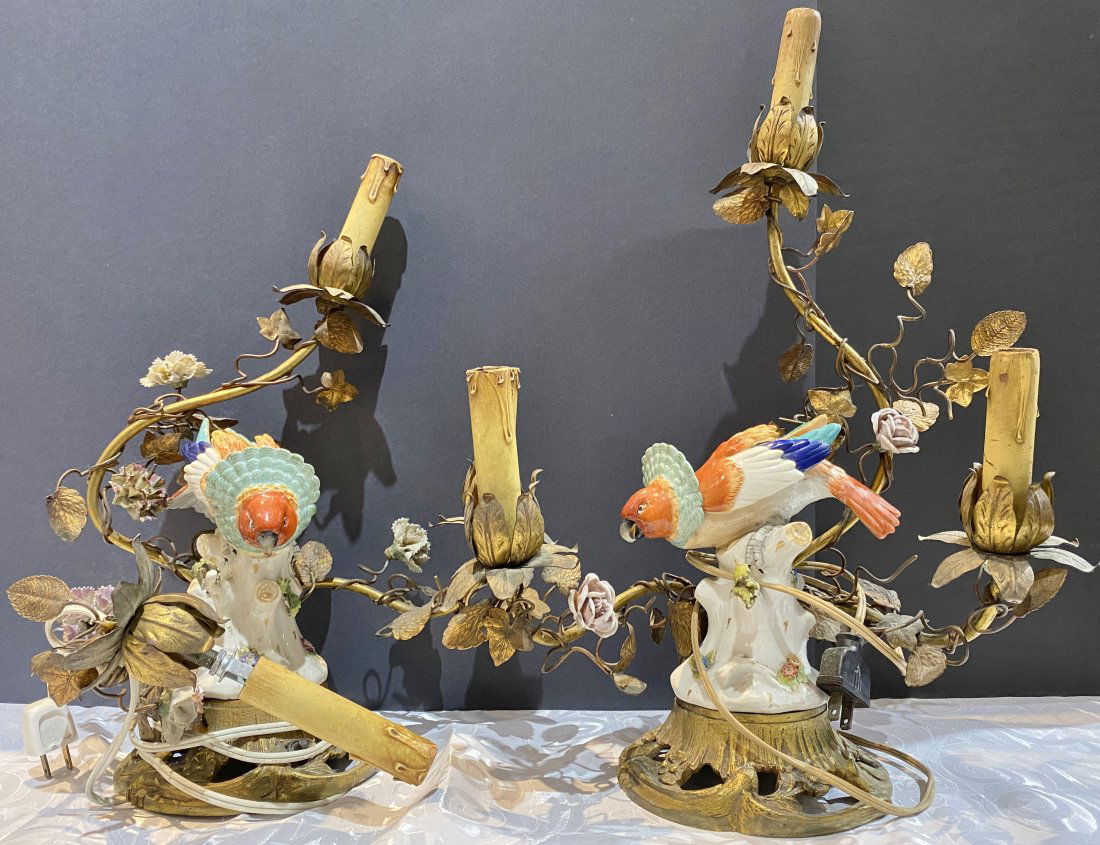 Pair of porcelain parrot lamps, c.1930 (1 of 16)