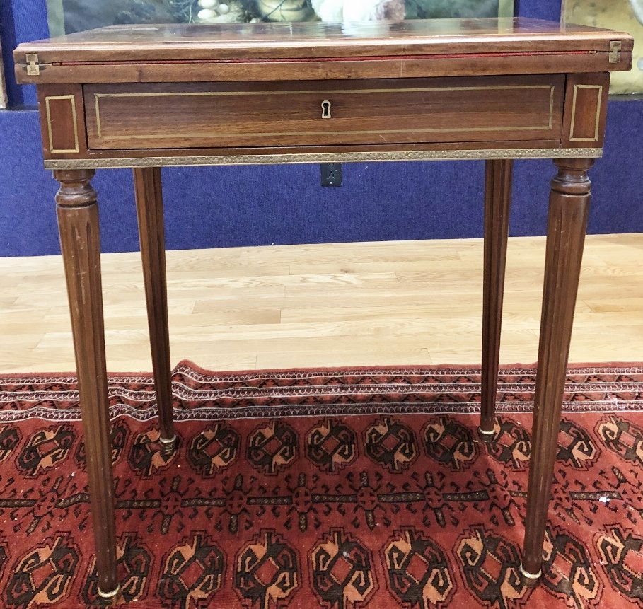 Brass inlay mahogany writing desk table (1 of 8)