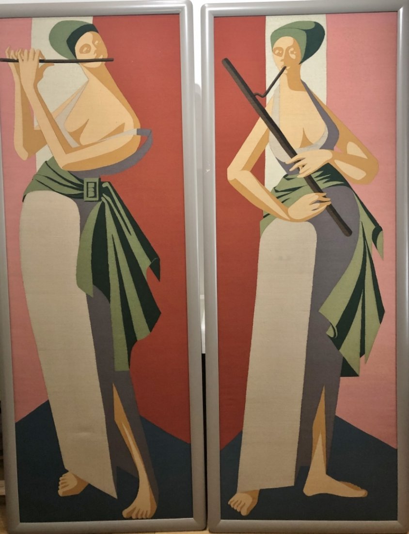 Pair of tall framed textiles of musicians (1 of 14)