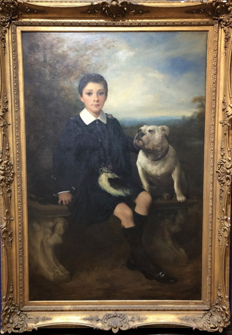 Ptg of boy w/dog by Harper Pennington(Dated 1905): Painting of boy w/dog by Harper Pennington(American artist, late 19th early 20th century, this painting is signed below the boy: Harper Pennington and dated 1905.39 inches x 59 inches in a frame 49 in