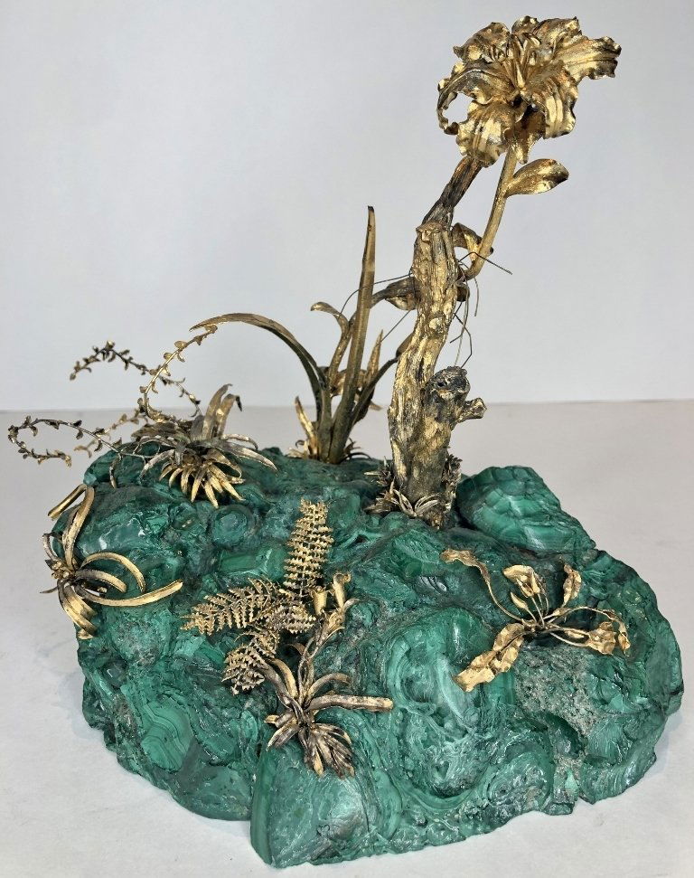 Large malachite paperweight with gilt silver foliage (1 of 8)
