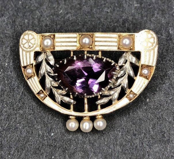 14k amethyst Rikers Brothers pin, c.1910, Newark (1 of 7)