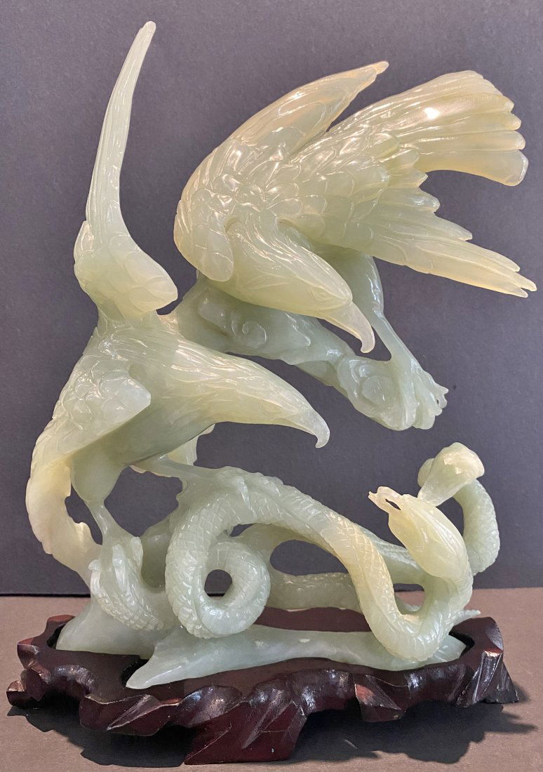 Chinese jade eagle with snake,wood stand (1 of 15)