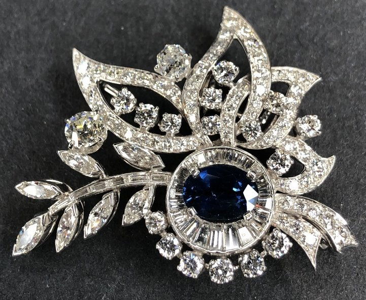 Platinum 14k white gold diamond sapphire brooch, GIA (1 of 9)