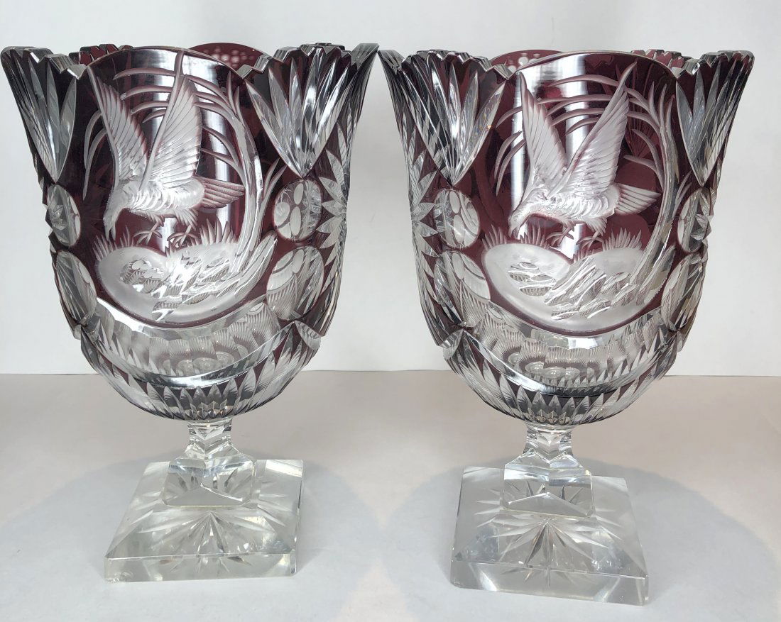 Pair purple cut to clear vases, flying birds, flowers (1 of 12)