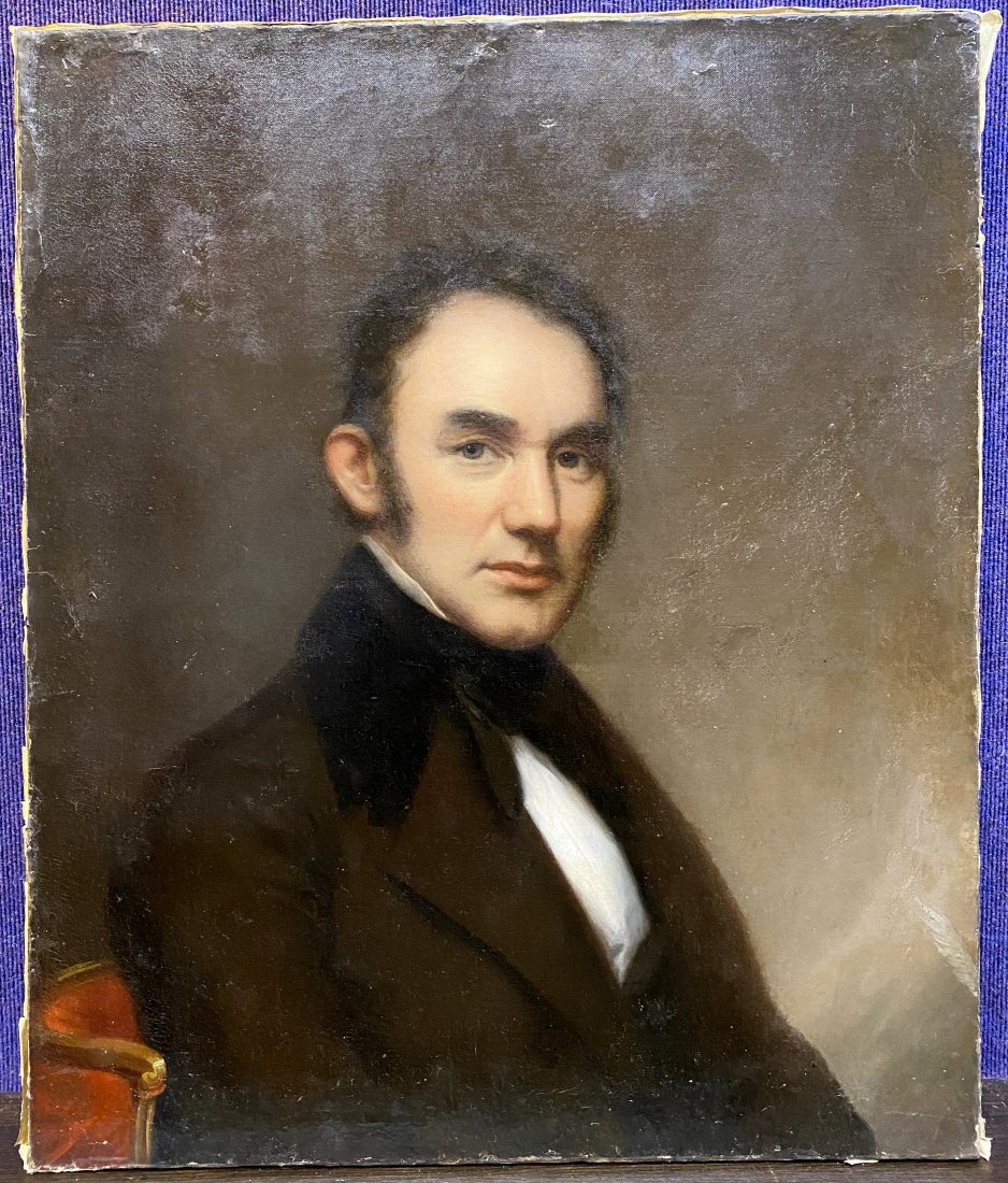 Portrait of a gentleman 19th century: Portrait of a gentleman 19th century. Painting: 30" x 25" Scattered restoration over 5 or 6 places in the front, visible.No frame.Was relined about 50 to 60 years ago.Small tear about 1/2 inch right h