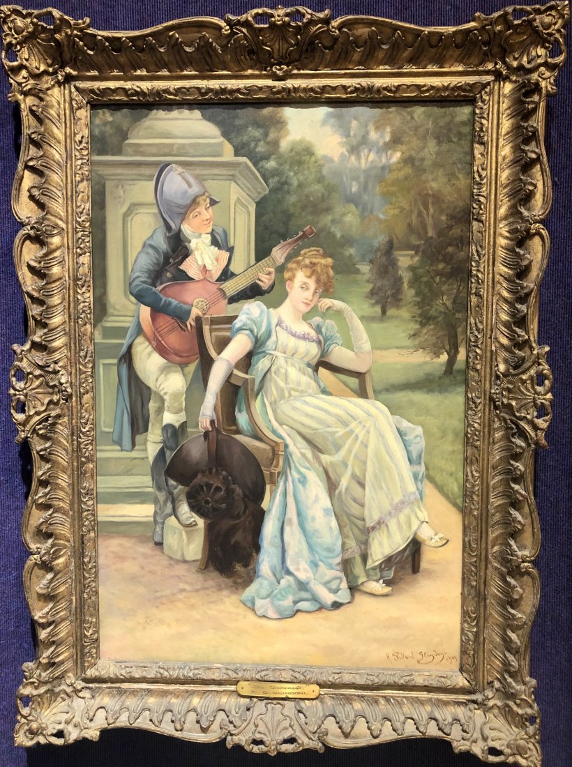 Ptg of lovers in the park, signed H.Gillard Glindoni: Painting of lovers in the park, signed Henry Gillard Glindoni. Painting: 29.5"x19.5" Frame:36.5"x27" David's notes: I'm skeptical that this is actually by Glindoni. Proably a signature added by someon