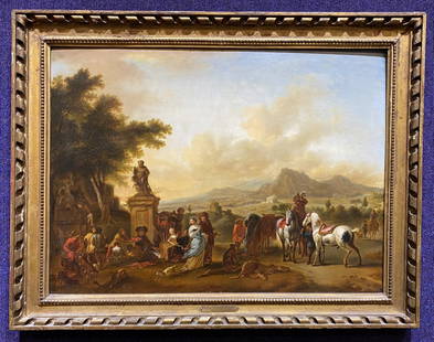 18th/19thc painting with plaque by Philips Wouwerman: 18th/19thc painting with plaque by Philips Wouwerman(Dutch 17th century). Painting: 18.5"x 25.5" Frame: 23.5"x 30.25" The artist Philips Wouwerman was alive in the 17th century, this painting appears