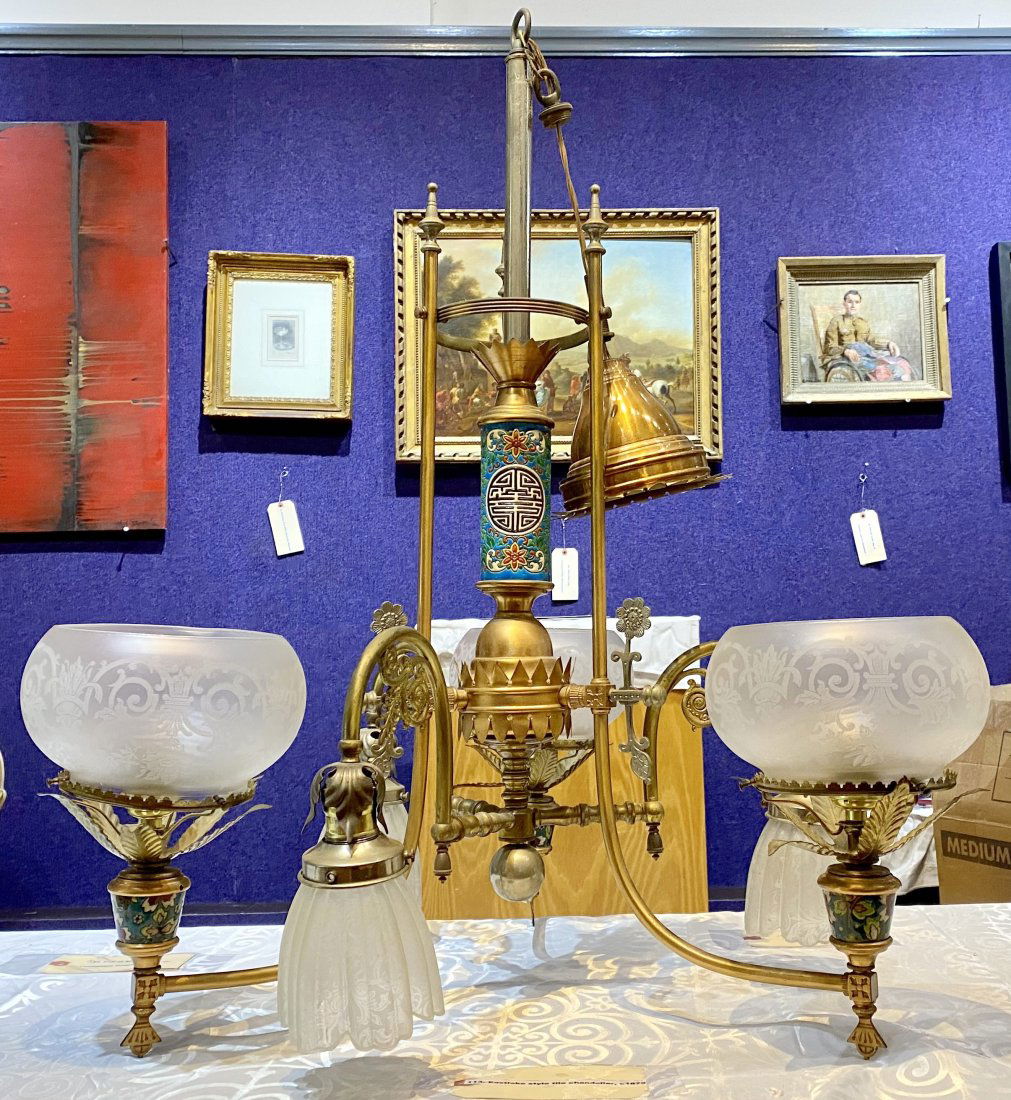 Eastlake style longwy chandelier, c1875 (1 of 8)