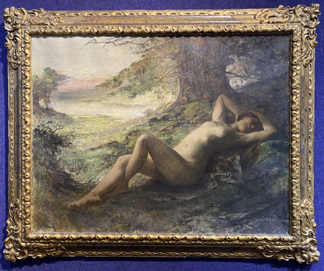 Ptg nude in grass by Yves Muller d Escars(French): Painting of nude in the grass by Yves Muller d Escars(French 20th century). Painting: 40" x 31" Frame: 50" x 40" (From Catawiki):Muller dÂ’Escars is one of these unfortunately little known painters