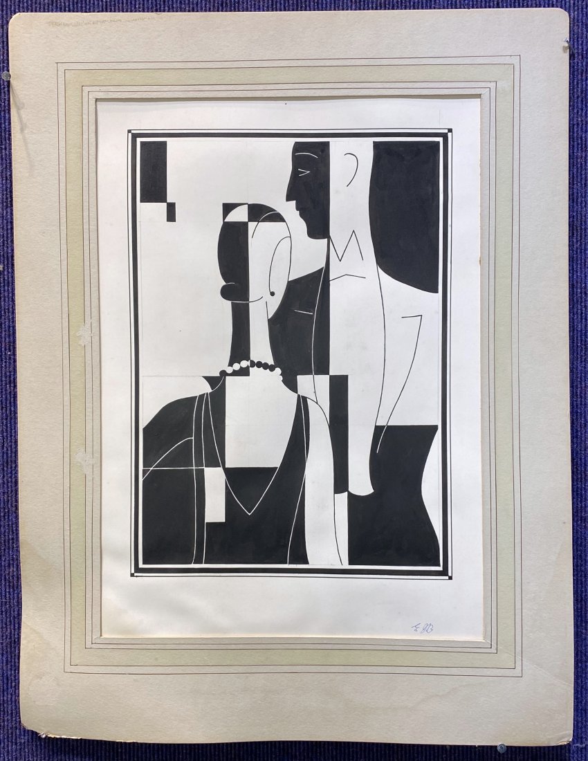 Ink drawing of Art Deco couple, signed monogram (1 of 5)