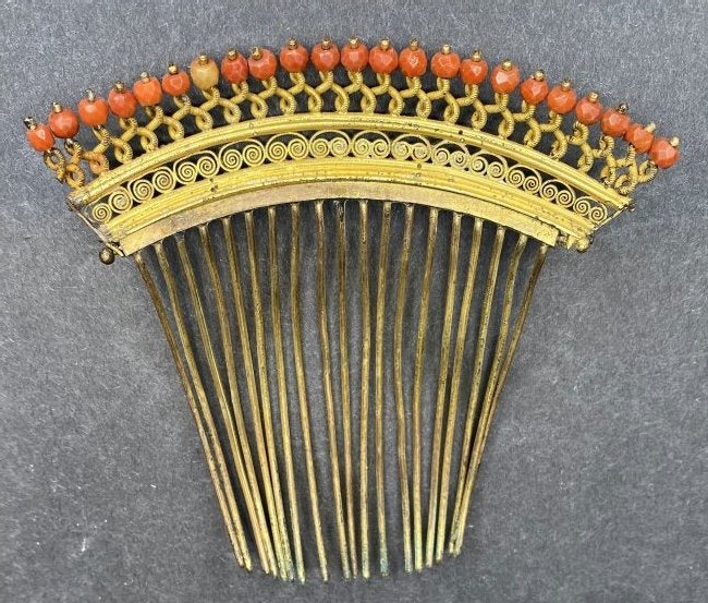 Gilt metal and coral hair comb c.1840 (1 of 4)