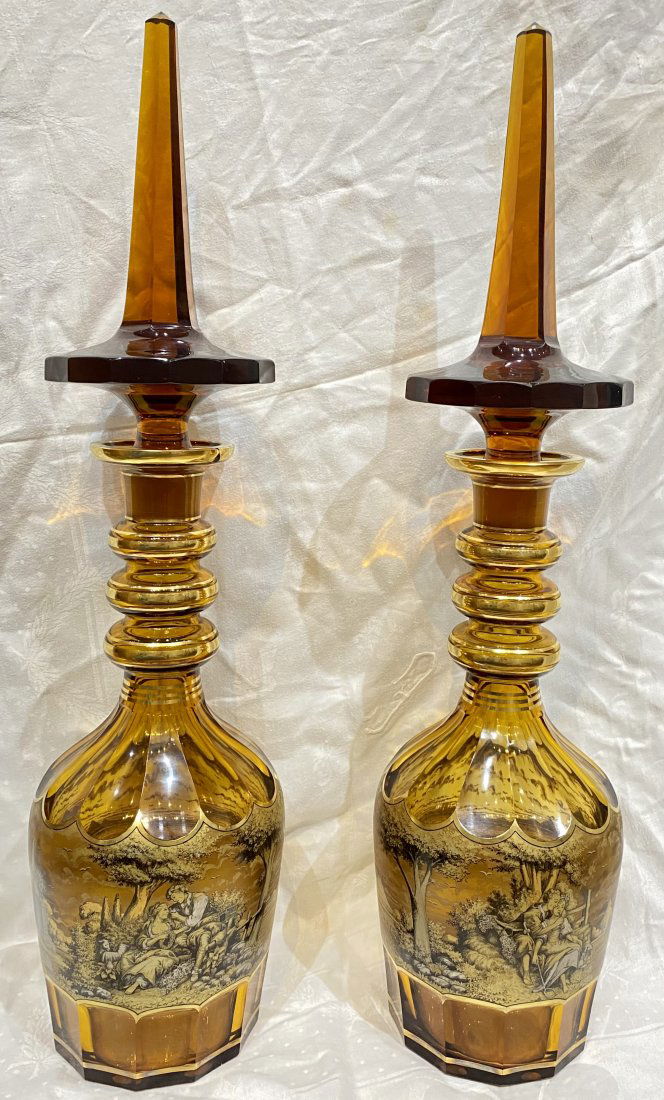 Pair of oversized amber glass decanters (Ht: 31) (1 of 7)