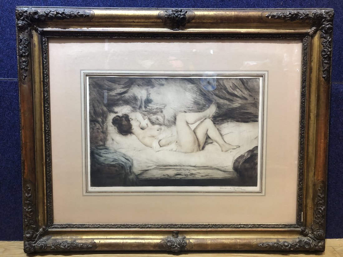Etching of Reclining Nude by Manuel Robbe: Etching of Reclining Nude by Manuel Robbe Etching: 18" x 12" Frame: 33" x 25.5"