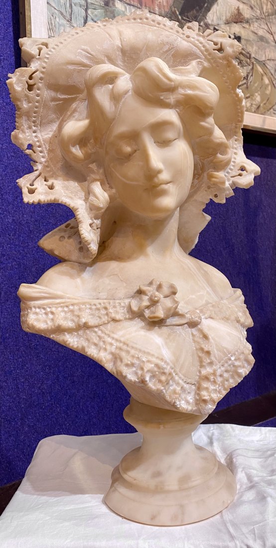 Alabaster bust of girl with hat, losses: Alabaster bust of girl with hat, losses Height: 23"
