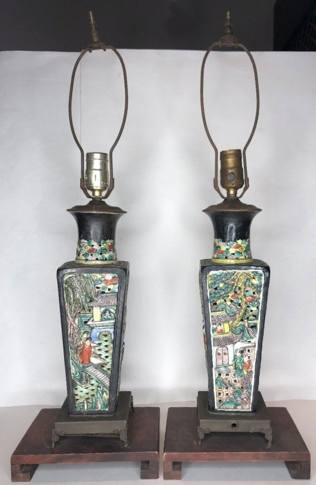 Pair of Chinese lamps, wood bases.c1900 (1 of 12)