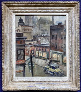 Painting street and cars by Glenn O.Coleman, c.1945: Painting street and cars by Glenn O.Coleman, c.1945 Painting: 14.5" x 17.25" Frame: 21" x 24" Glenn Colemans life and art demonstrate the difficulties that often seem to adhere to the artist 