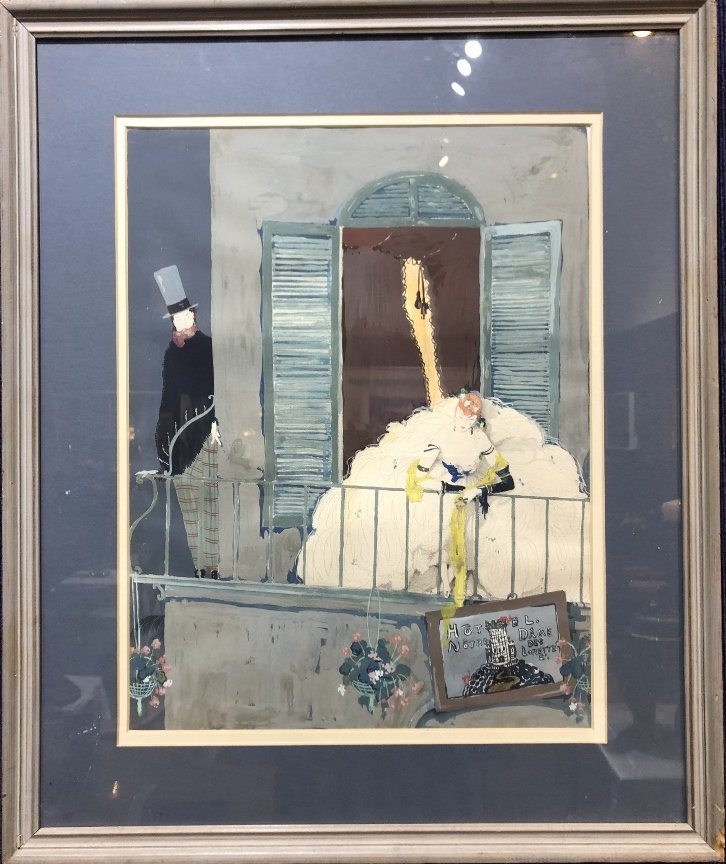 Gouache of balcony figures by Jules Pascin: Gouache of balcony figures by Jules Pascin Painting: 14.5" x 18.75"Frame: 22" x 27" Davids notes:Possibly a gouache of New Orleans, Mardi Gras.When Pascin traveled through the United States, he spent