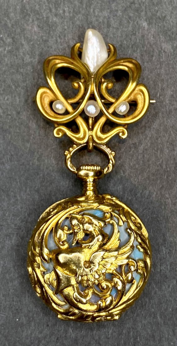 18k and 14k gold and pearl lapel watch, 16.2 dwts (1 of 13)