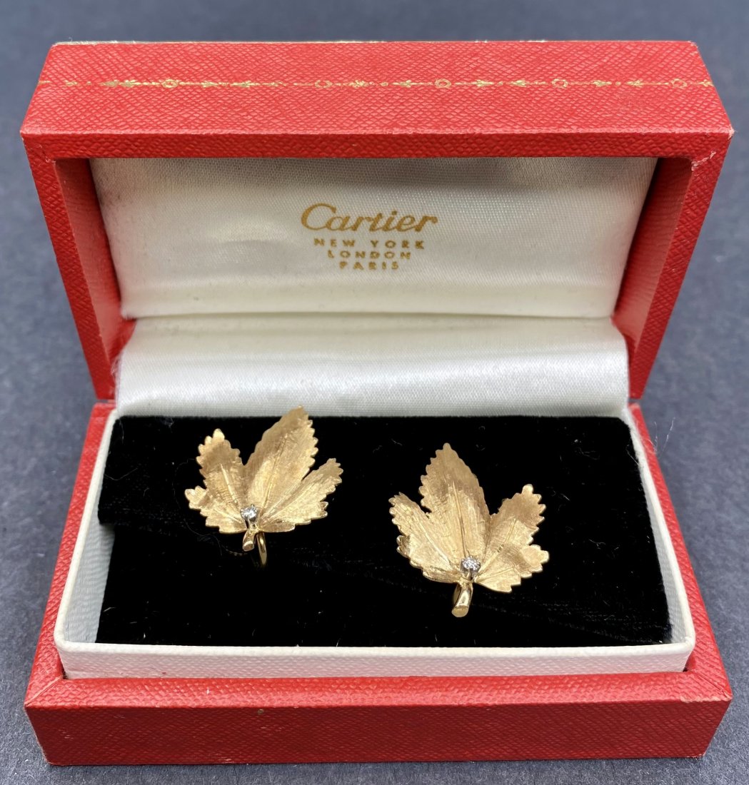 Cartier 14k diamond leaf earrings in the box,c.1945/55 (1 of 7)