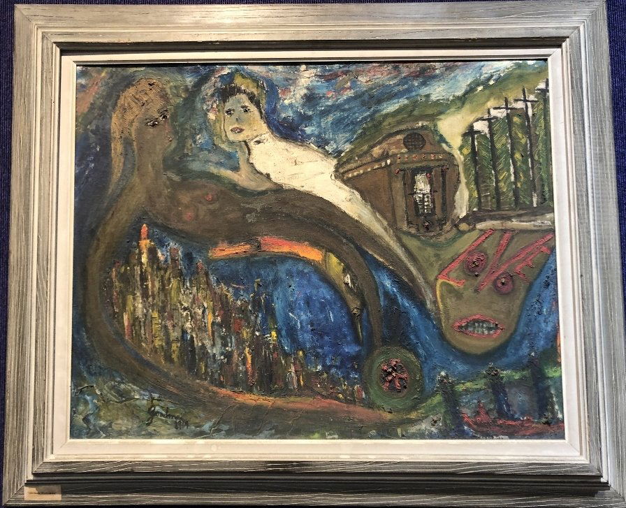 Modern Walkuere painting by Estelle Goodman 1964: Modern Walkuere oil on canvas painting by Estelle Goodman 1964 Painting: 27" x 21.25" Frame: 35.25" x 29.25" Estelle Goodman(American 20th century), exhibited in the National Arts and Antiques Show in