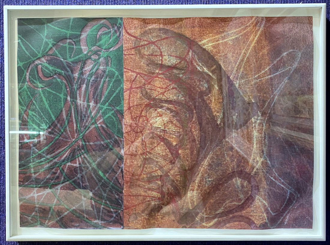 Rumors of Virtue print, Steven Sorman 1992, red: Rumors of Virtue print, Steven Sorman 1992, red Print: 23" x 16" Frame: 25" x 18.25" From stewartstewart.com: Steven Sorman was born in Minneapolis, Minnesota in 1948. Internationally known as a paint