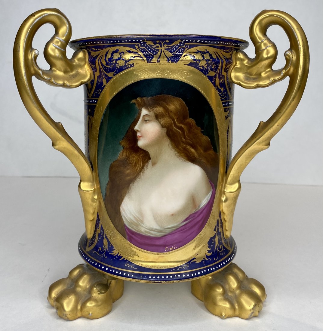 Royal Vienna 3 handle vase w/ portrait, c1900 (1 of 9)