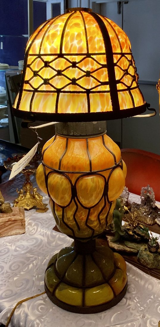 Huge Art Deco blow out glass and iron lamp, c.1930 (1 of 6)