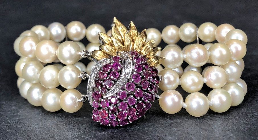 1940s ruby diamond 14k cultured pearl bracelet (1 of 9)