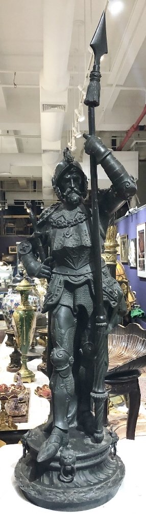 Large 19thc spelter Newel post of a knight in armor: Large 19thc spelter Newel post of a knight in armor. Helmut to ground 32 inches, tip of spear to ground 43 inches.The sword is present but detached.