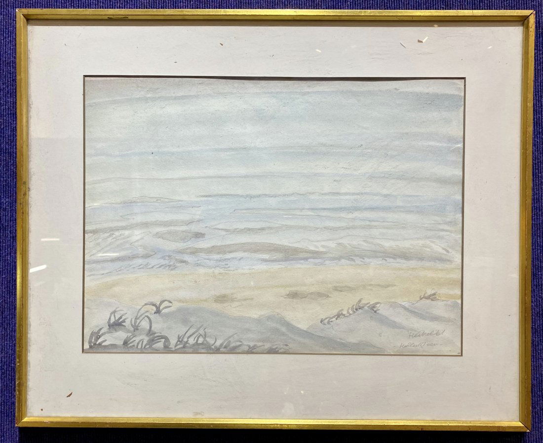 Original watercolor of beach by Erich Heckel dated 1961: Original watercolor of beach by Erich Heckel dated 1961.This work measures 19 inches by 14 inches(to the mat, is slightly larger under the mat)in a frame 26 inches by 21 inches. Davids notes: This is