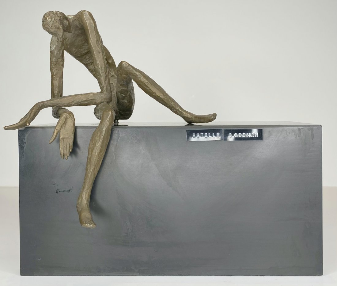 Bronze of disconsolate figure by Estelle Goodman: Bronze of disconsolate figure by Estelle Goodman.Entire sculpture with base is 9 inches high and 10 inches wide. Davids notes: Estelle Goodman(American 20th century), exhibited in the National Arts an