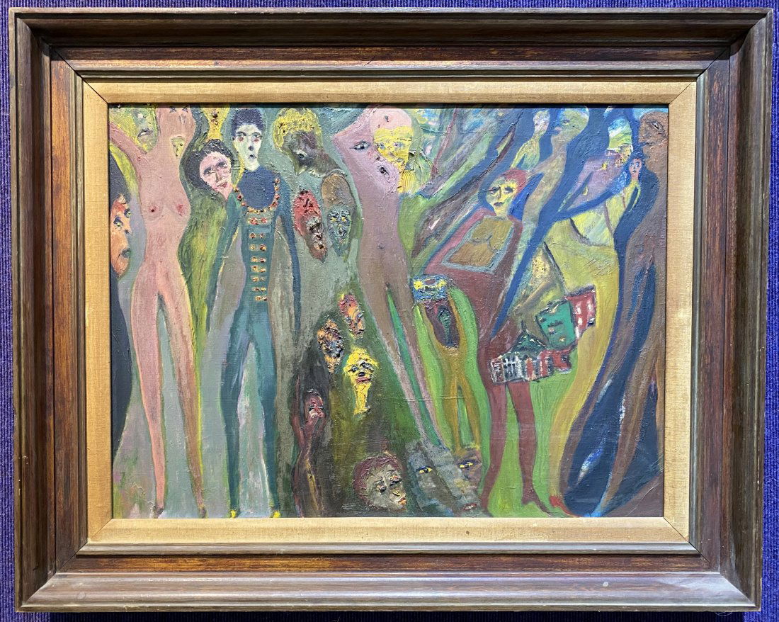 Painting of distorted figures, Estelle Goodman: Painting of distorted figures, Estelle Goodman,23 inches by 19 inches in a frame 24 inches by 30 inches. Davids notes: Estelle Goodman(American 20th century), exhibited in the National Arts and Antiqu