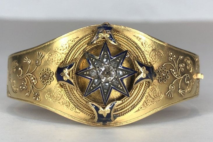 14k rose diamond blue enamel bracelet,c.1880 (1 of 10)