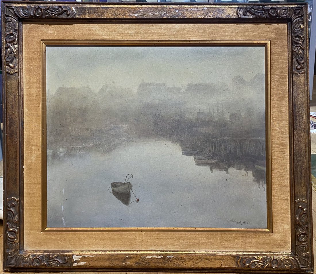 Painting of harbor in fog by Paul Randal d1965: Painting of harbor in fog by Paul Randal d1965 Frame: 33 inches by 29 inches Painting: 23.5 inches by 19 inches