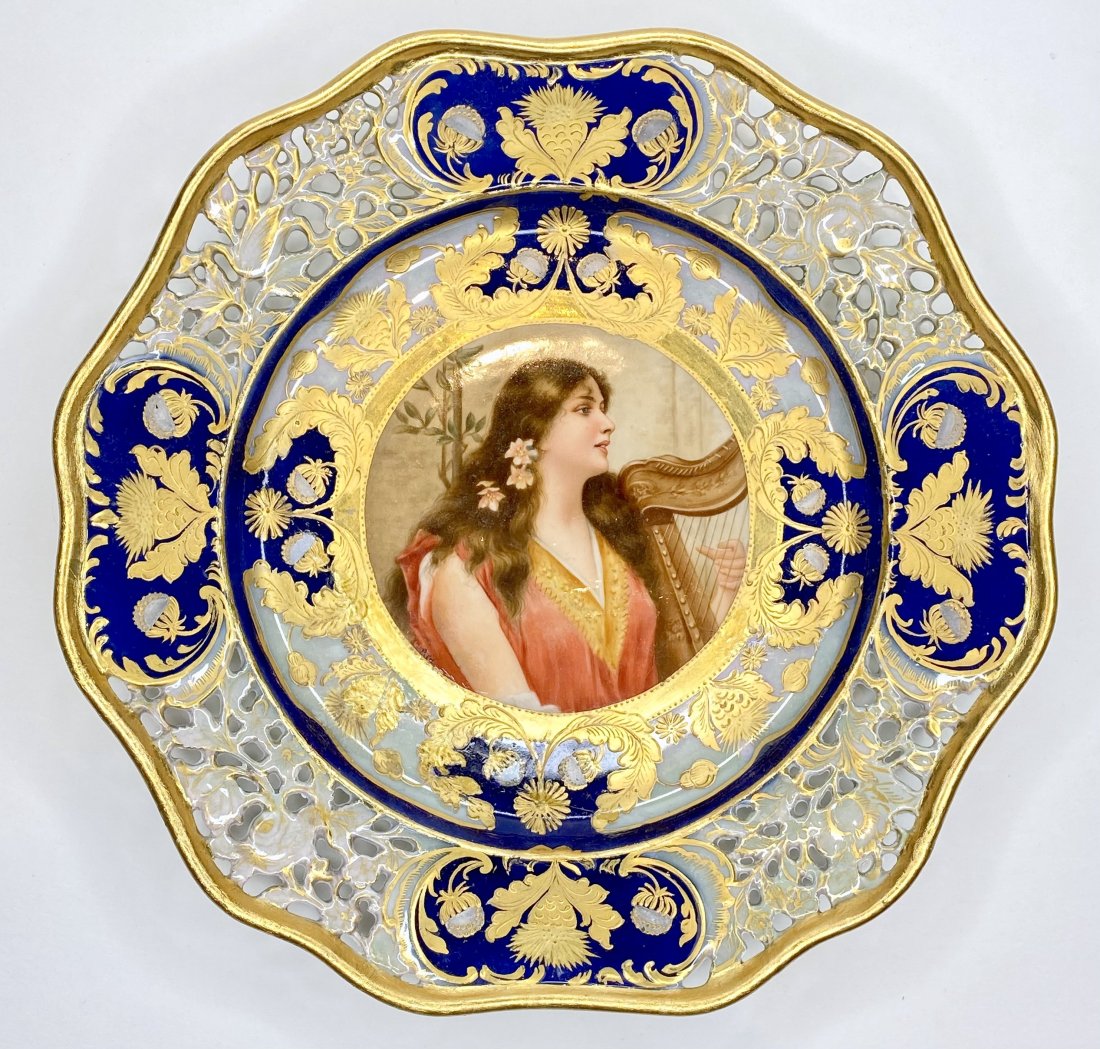 Sevres style portrait plate, girl w harp: Sevres style portrait plate, girl w harp, 10 inches in diameter