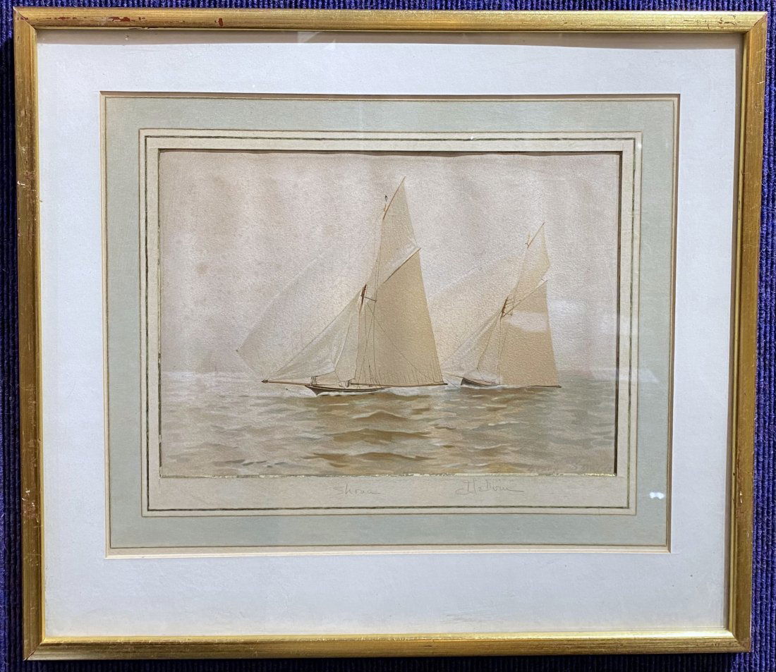 Watercolor of ships by Henry Shields: Watercolor of ships by Henry Shields. Watercolor: 10 3/4 inches by 7 3/4 inches Frame: 17.5 inches by 15.5 inches (From MutualArt.com):Harry Gordon Shields was a Scottish artist who was born in 1859.