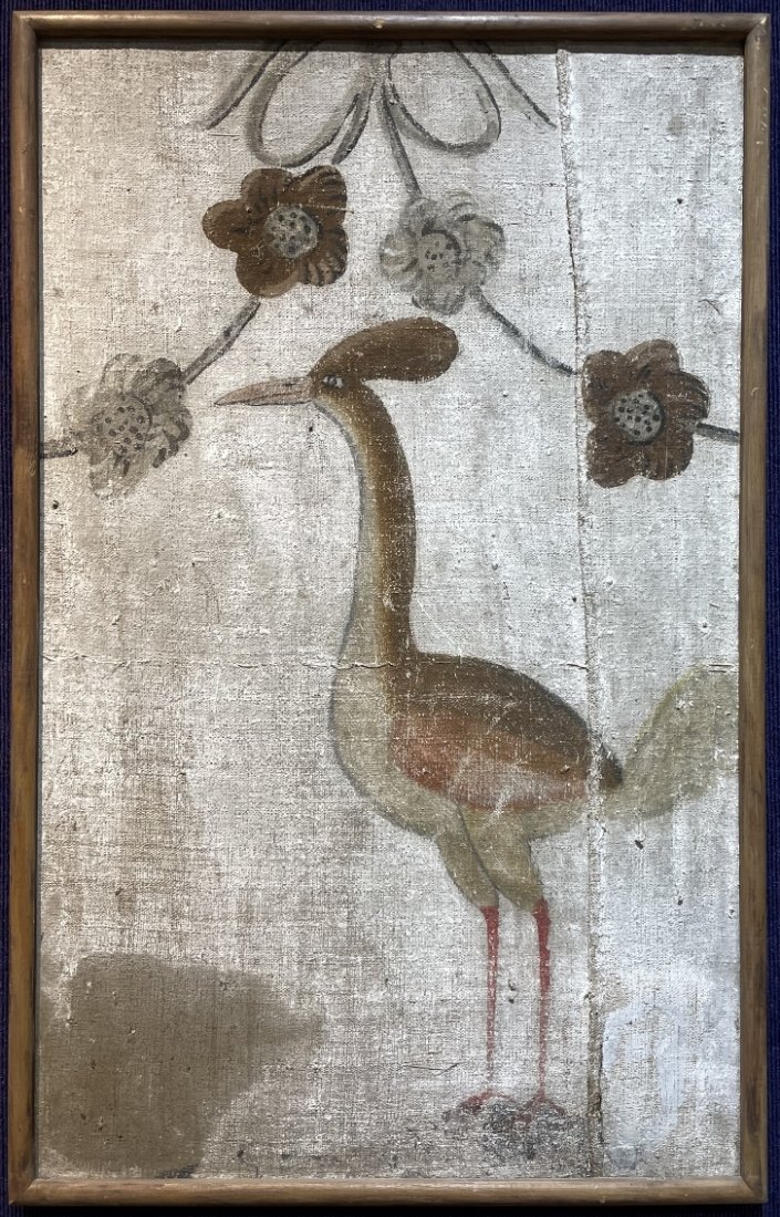 Painting of bird on burlap (probably Middle East): Painting of bird on burlap (probably Middle East) Painting: 33.5 inches by 21.5 inches Frame: 36 inches by 22.5 inches