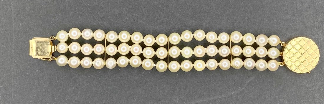 14k gold triple-strand cultured pearl bracelet (1 of 8)