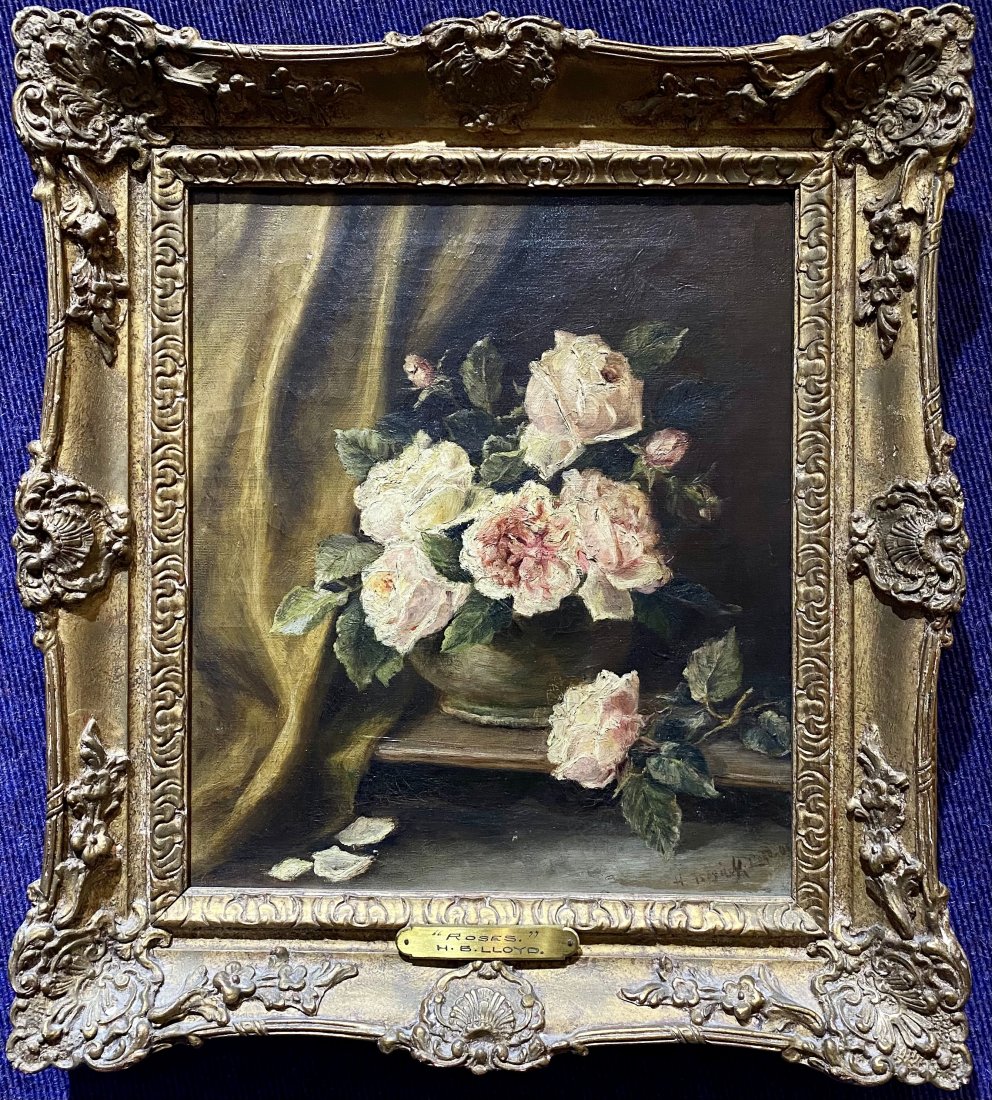 Painting of roses by H. B. Lloyd,c1900: Painting of roses by H. B. Lloyd, c1900. Signed in lower right corner Painting: 11.5" x 13.5" Frame: 17" x 19"