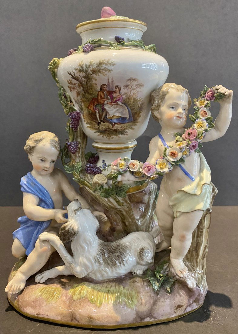 Meissen porc figural group, putti with vase, c1900 (1 of 12)
