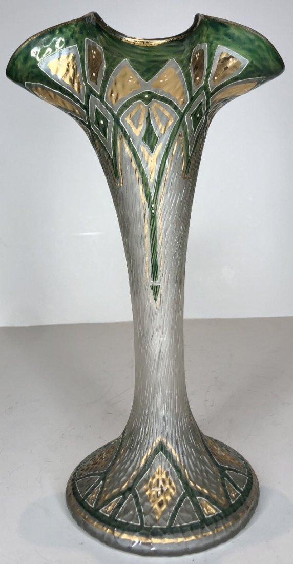 Painted art glass vase, green and gold, c1900 (1 of 5)