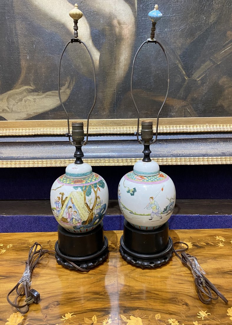 Pair of Chinese porcelain ginger jar lamps, c1940 (1 of 9)