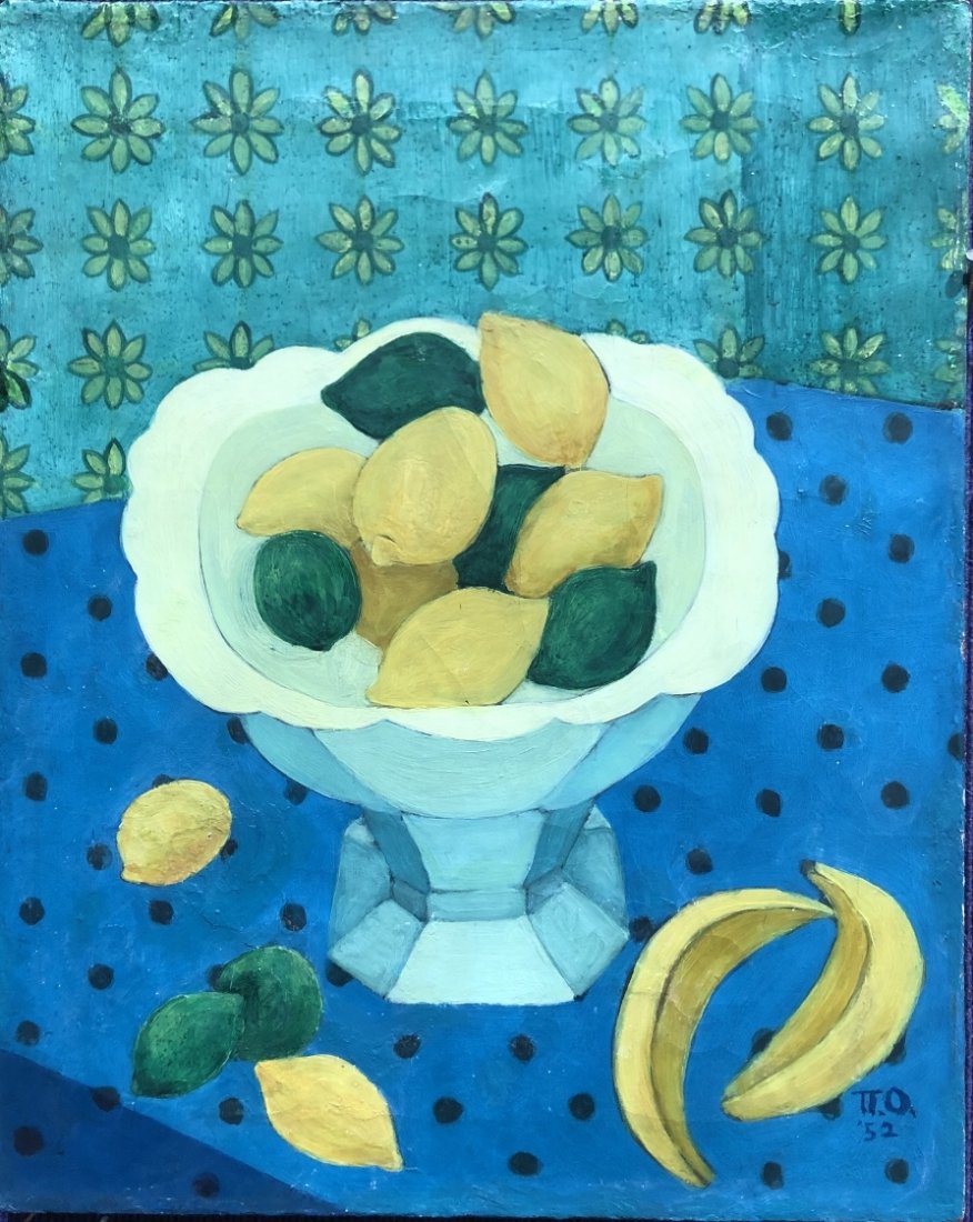 Russian painting of lemons & limes,signed, d1952: Russian painting of lemons & limes, signed, d1952, unframed 16" x 20"