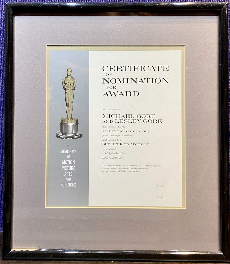Academy Award nomination: Out Here on My Own: Academy Award nomination: Out Here on My Own Nomination:9.75" x 11.5" In a frame:15.75" x 18.25" In 1980, Lesley and her brother, Michael, were nominated for best original song at the 53rd Academy Awa