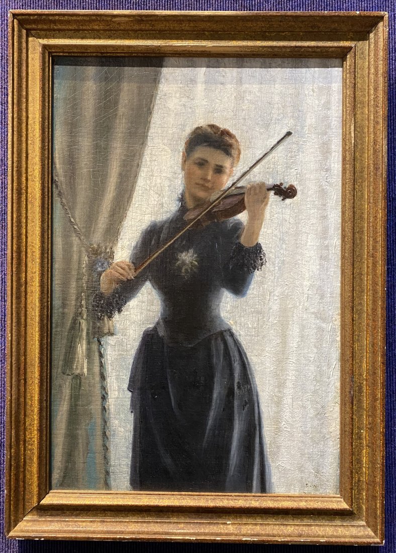 Ptg of violinist, possibly Frank Weston Benson,c.1880: Painting of girl playing the violin, possibly by Frank Weston Benson, c1880.This work is painting on canvas, laid down on masonite board probably 50 to 75 years later. Frame: 24" x 17" Painting: 20" x