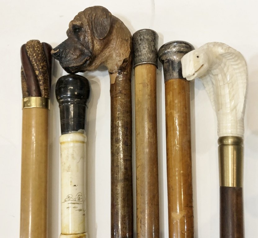 Group of six canes: Group of six canes 1. Carved cobra head 2. Carved hexagonal handle with 14k trim (marked 14k) 3. Chinese carved bone, bamboo design with monks 4. Wood carved dog head 5. 1886 English sterling silver e