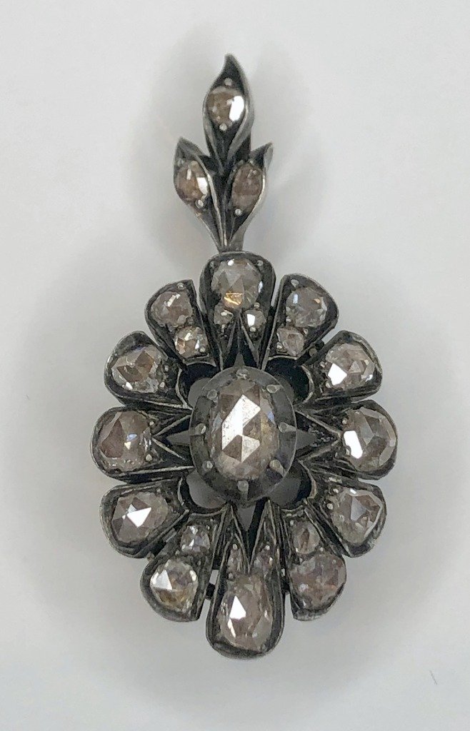 Rose cut dia,10k gold & silver brooch with drop (1 of 4)